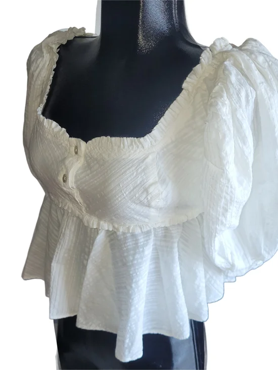 Free People Leave It To Me White Cropped Peplum Puff Sleeve Babydoll Top XS - Picture 4 of 6